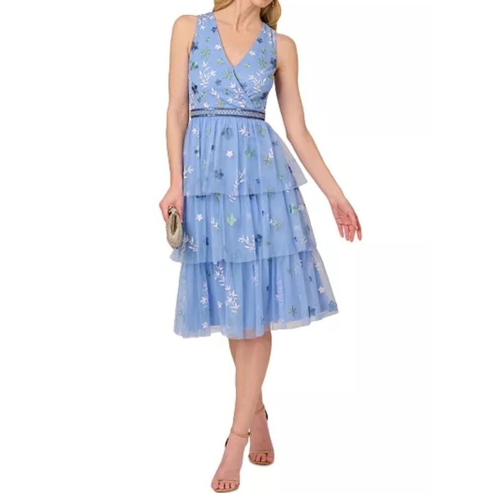 NWT Adrianna Papell Blue Beaded Tiered Mesh Dress Size 14